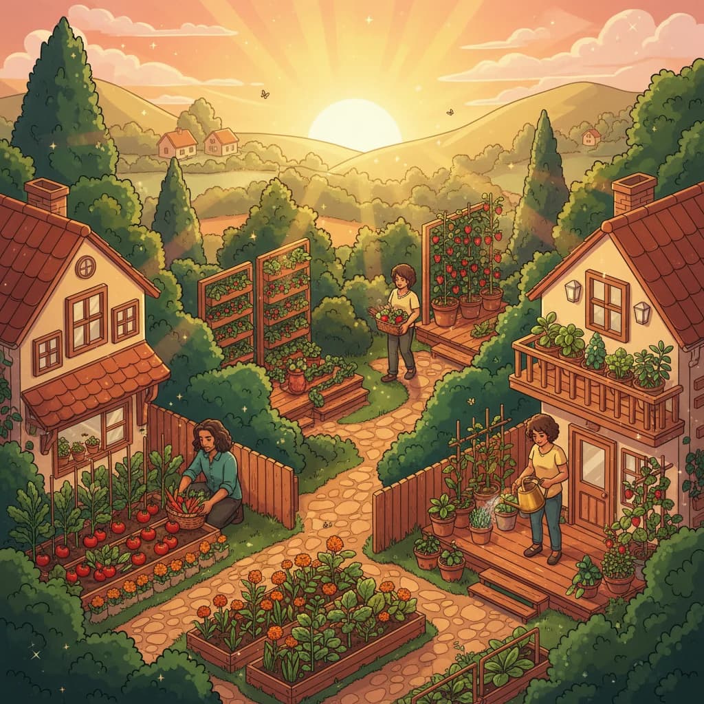 A neighborhood of growers tending their yards, decks, and balconies at sunrise