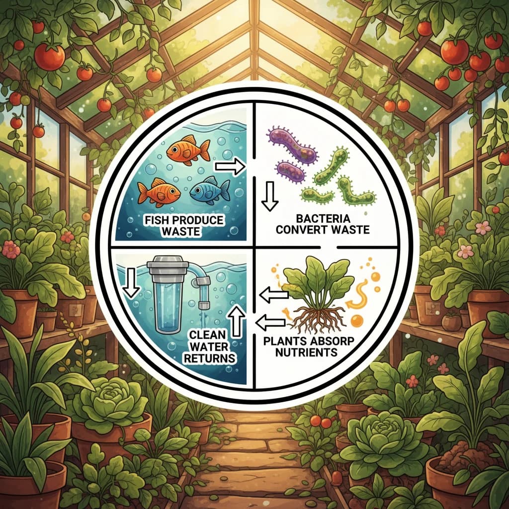 A diagram showing the aquaponic cycle: fish produce waste, bacteria convert it, plants absorb it, clean water returns to fish