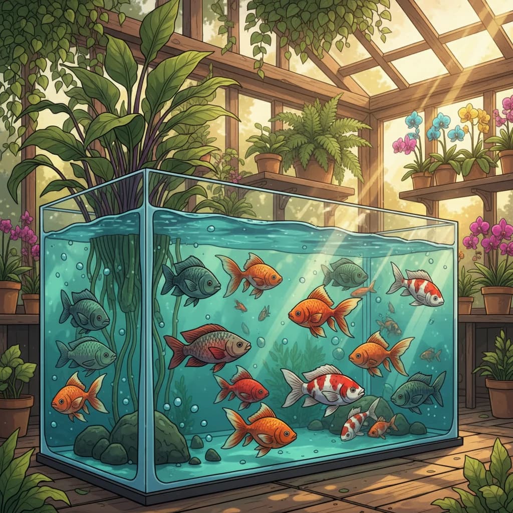 Popular aquaponic fish species: tilapia, goldfish, koi, and trout in clean water