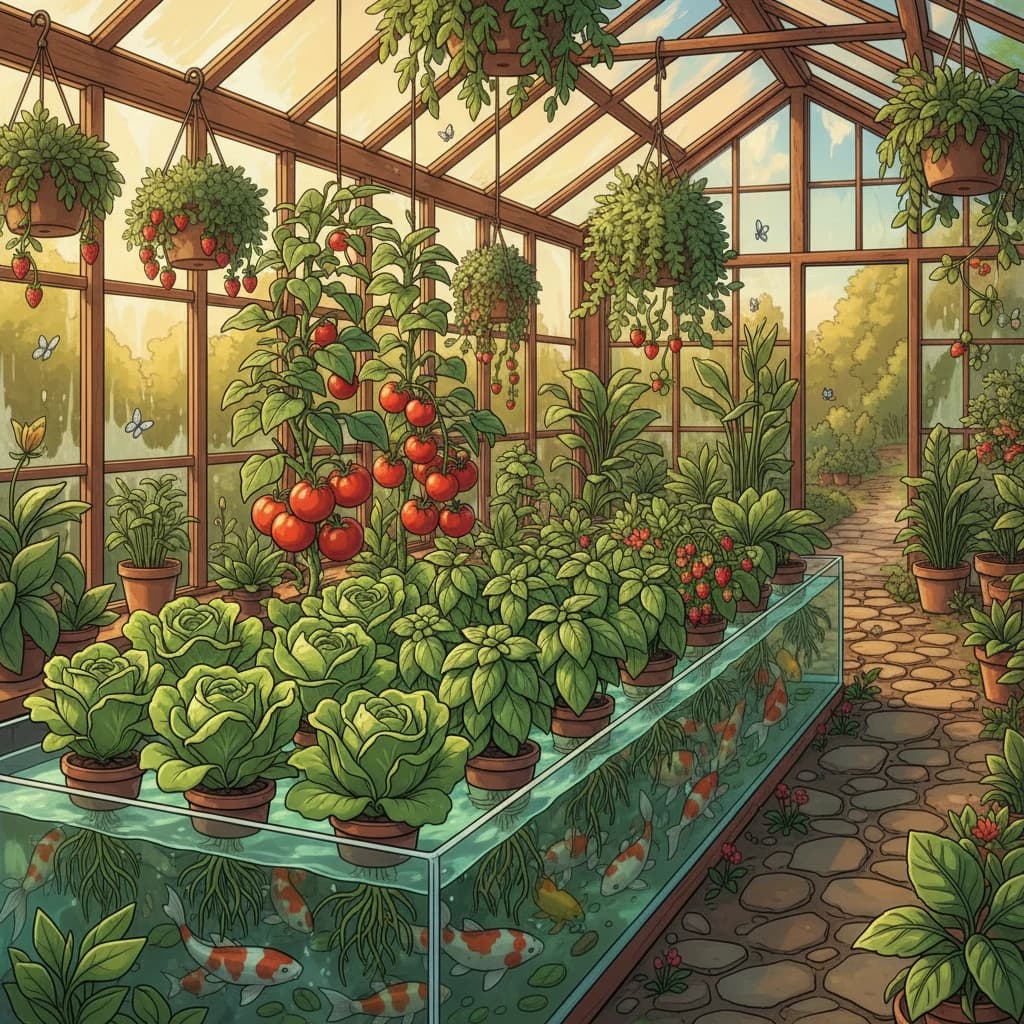 Thriving aquaponic plants — lush lettuce, basil, tomatoes, and strawberries above a fish tank
