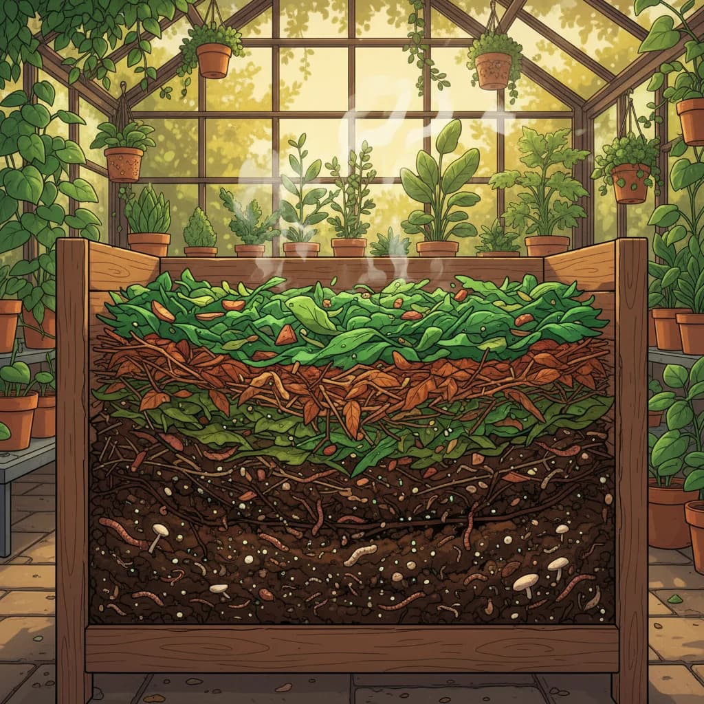 Layers of compost materials: green kitchen scraps and brown leaves in alternating layers