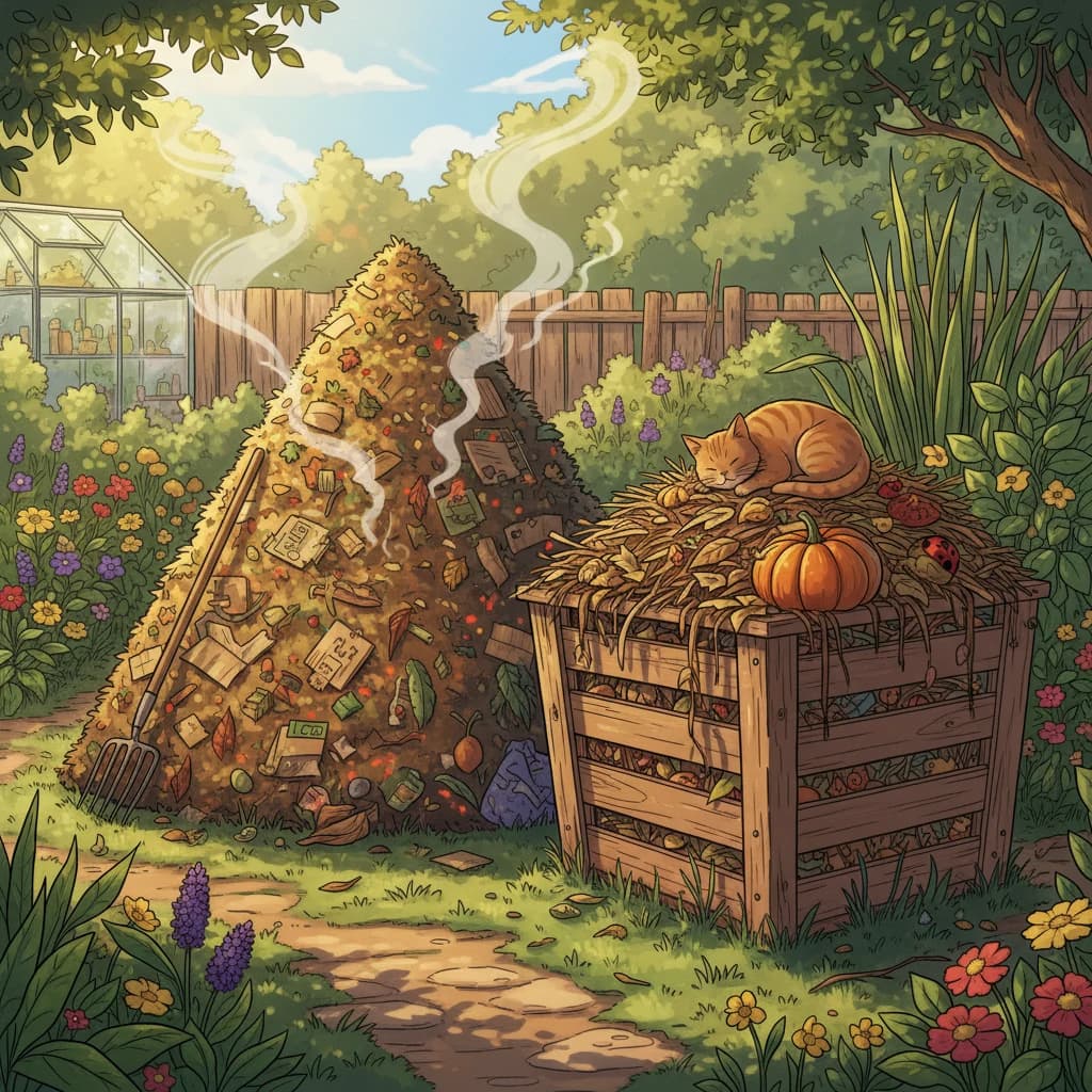 Two composting methods side by side: a steaming hot compost pile and a relaxed cold bin