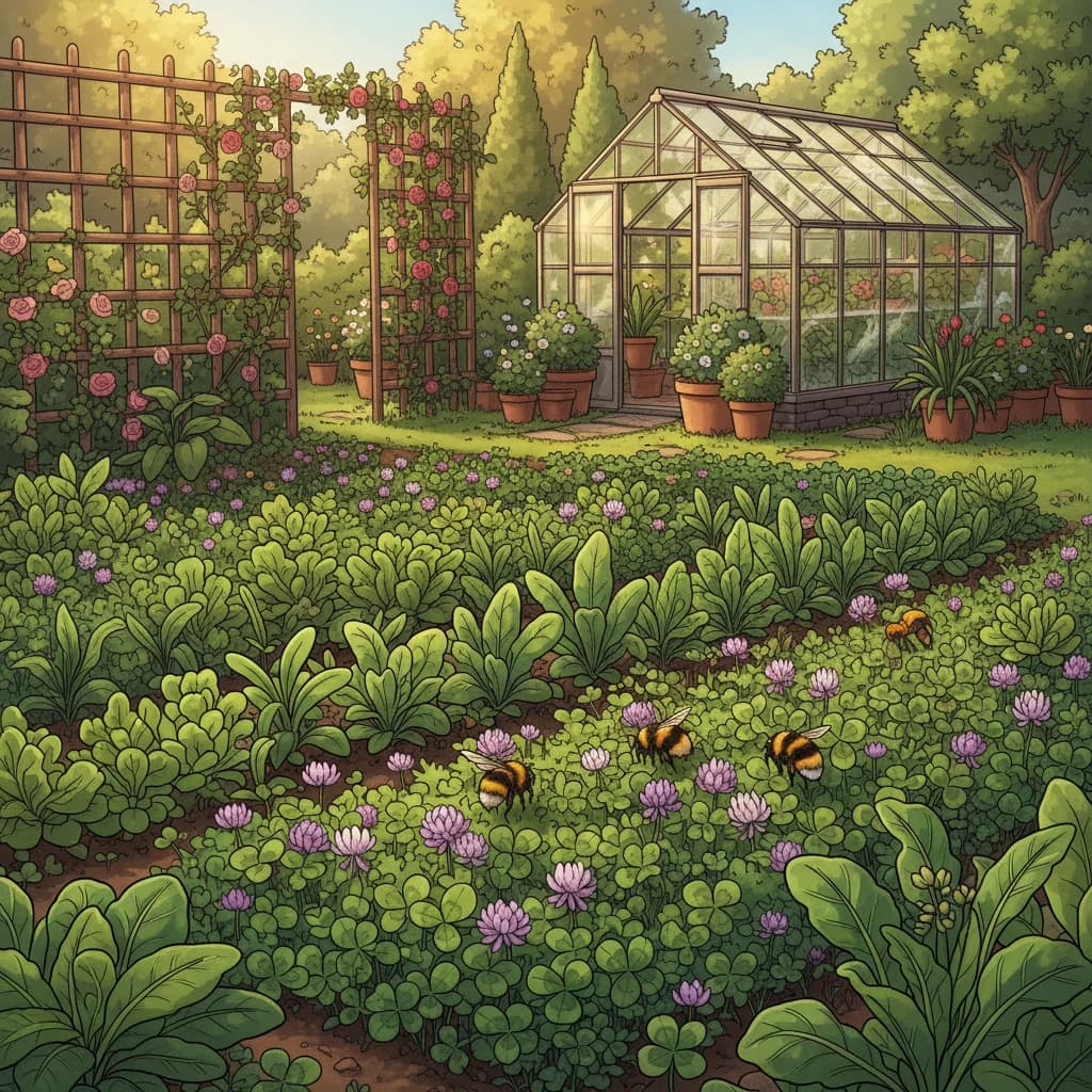 A garden bed planted with clover and other cover crops between vegetable rows