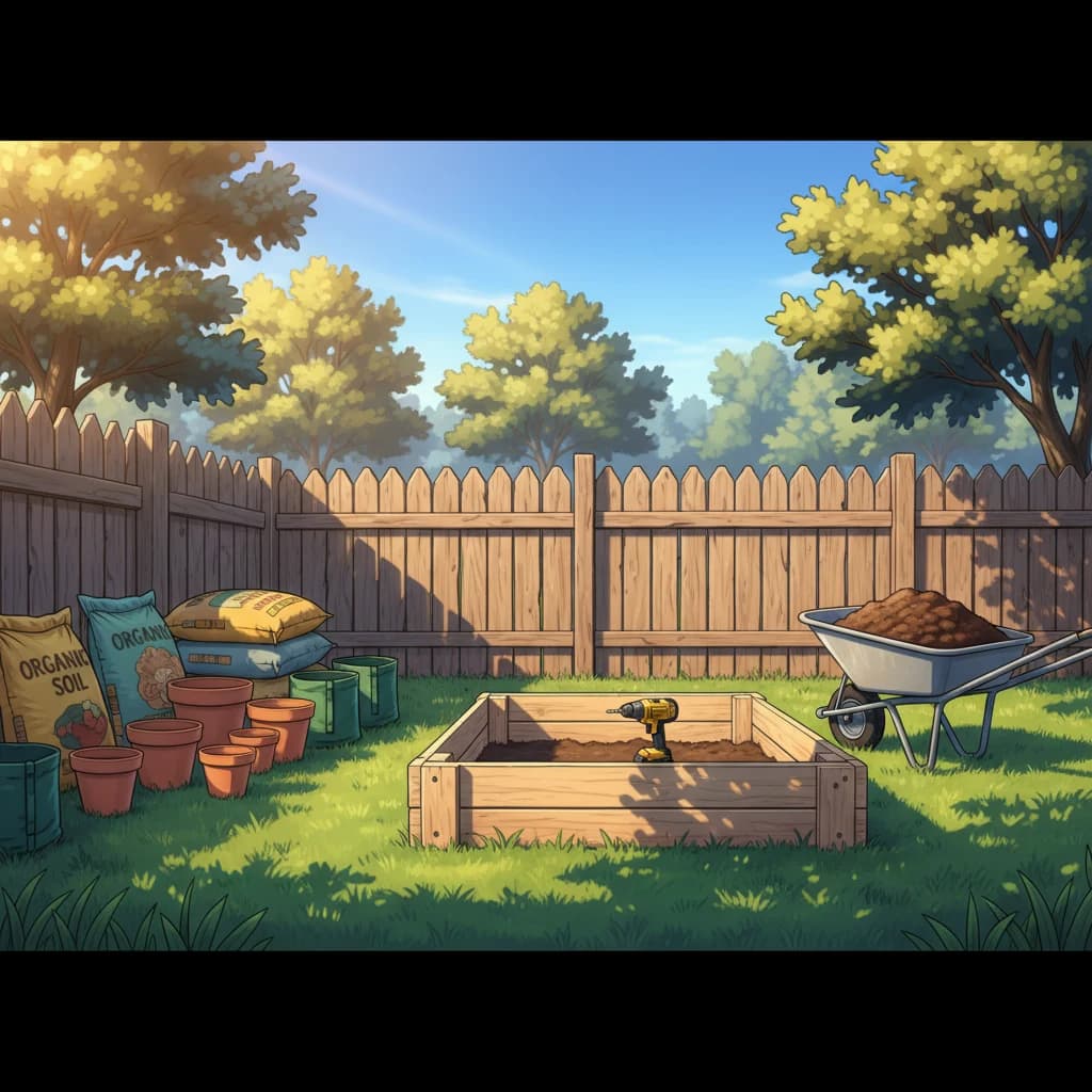 A garden in progress: a raised bed being constructed, containers being arranged, and soil being prepared