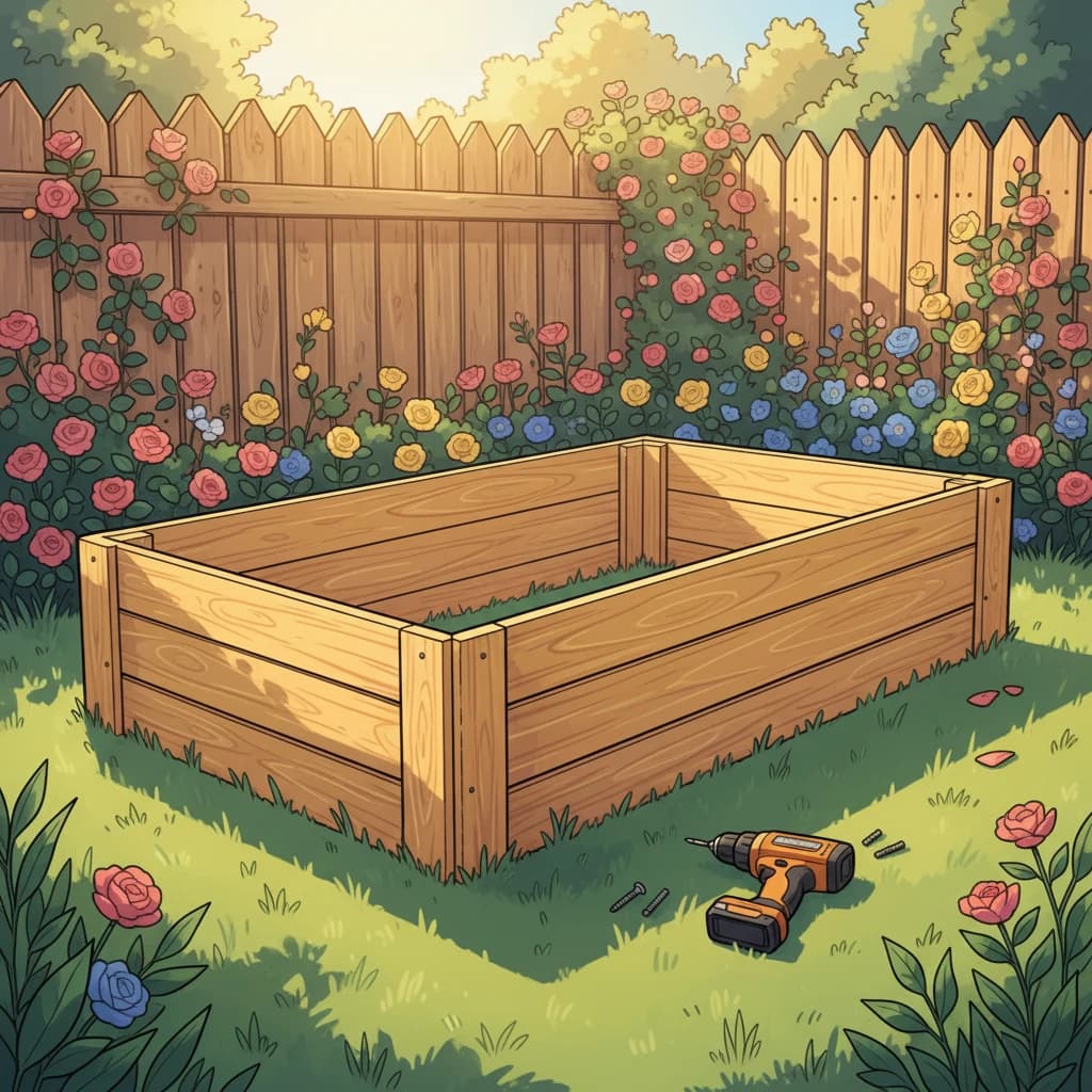 A beautiful cedar raised bed being assembled with screws and a drill in a garden