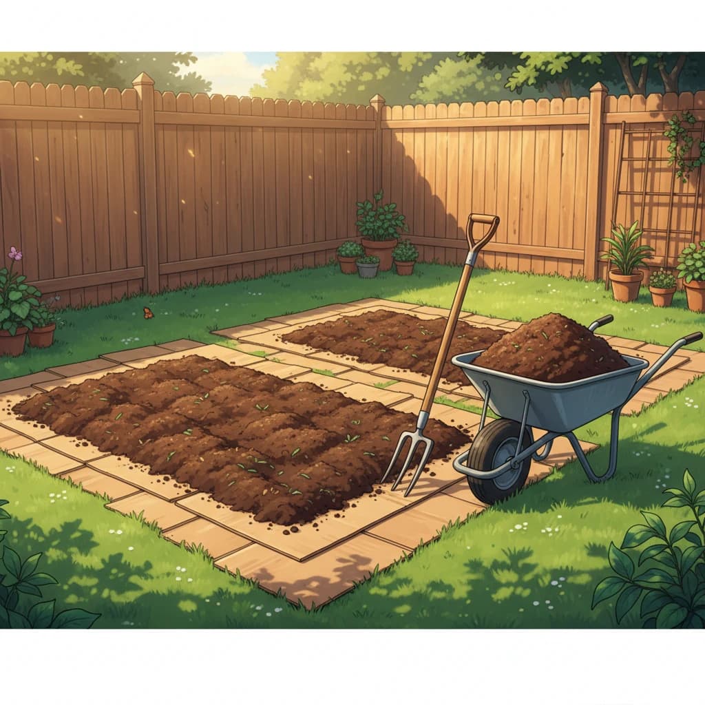 A plot of ground being prepared with a garden fork, compost, and lime