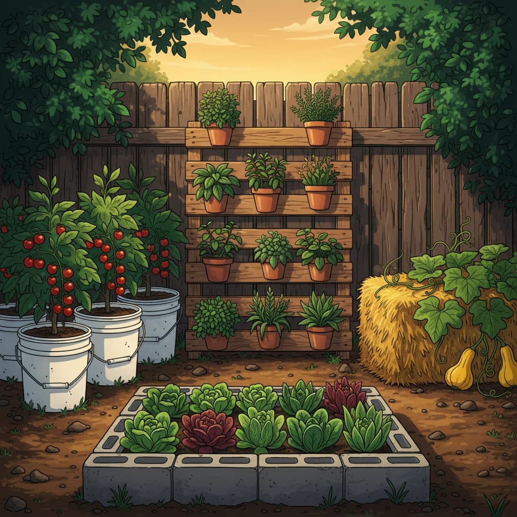 A creative budget garden using repurposed materials: pallets, buckets, and salvaged lumber