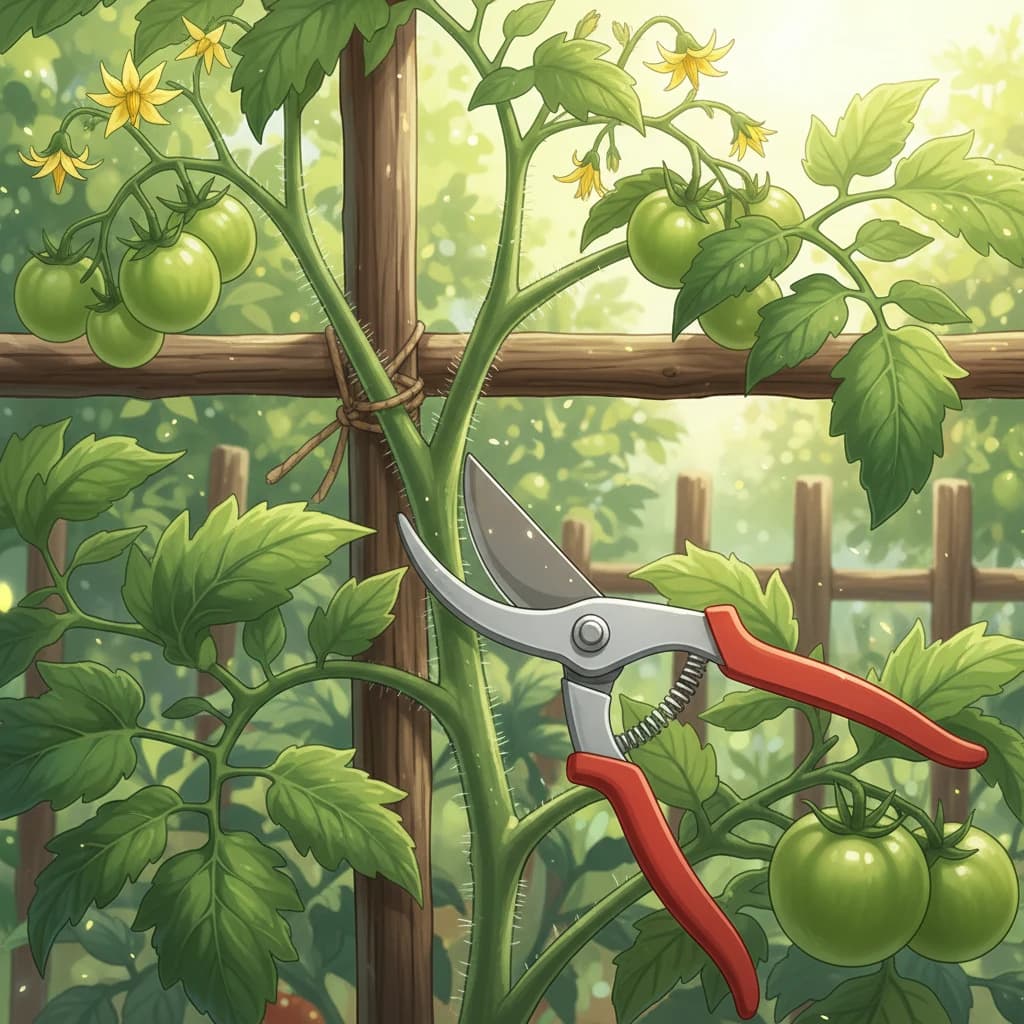Close-up of tomato plant pruning — removing suckers and tying to a stake