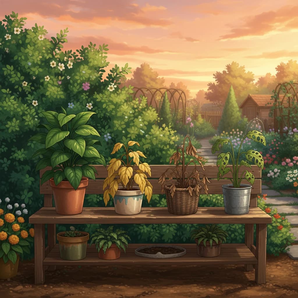 A series of plant signals — healthy growth, nutrient deficiency, water stress, and pest damage