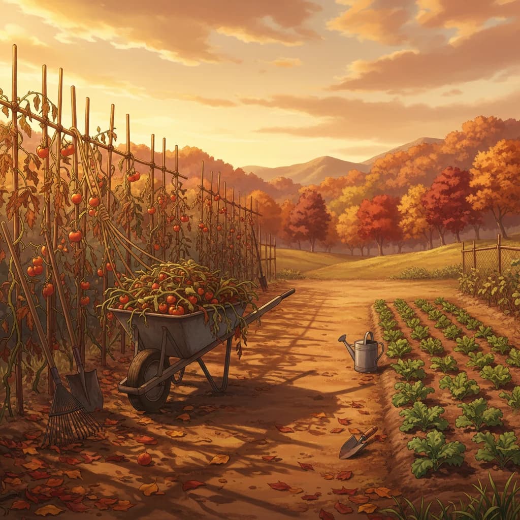 A garden transitioning from summer to fall with cool-season crops replacing warm-season ones
