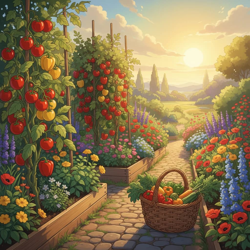 A well-tended garden at peak season with abundant healthy plants and ripe harvests