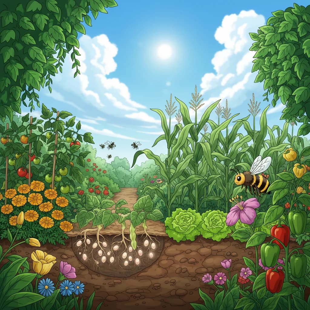 Diagram showing the four mechanisms of companion planting: pest control, nutrients, support, pollination