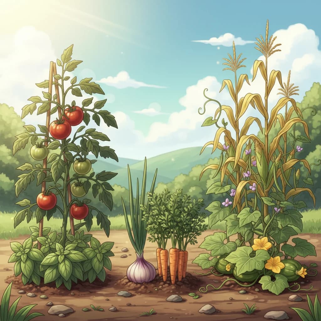 Proven companion planting pairs growing together — tomato and basil, carrot and onion, corn beans and squash