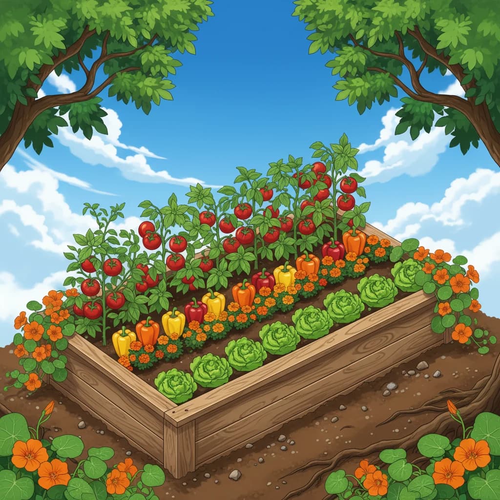 A garden bed layout showing companion planting arrangement with compatible neighbors