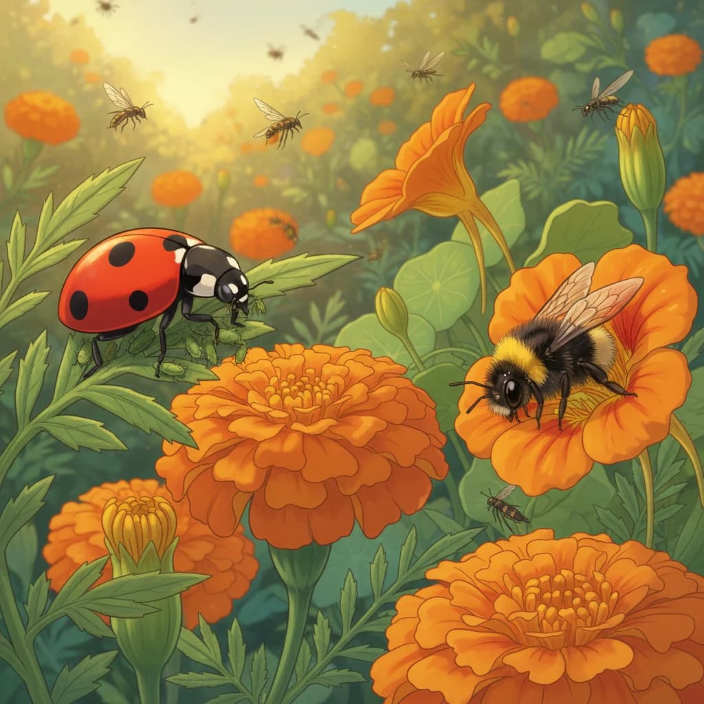 Beneficial insects in a companion planted garden — ladybugs eating aphids near marigolds