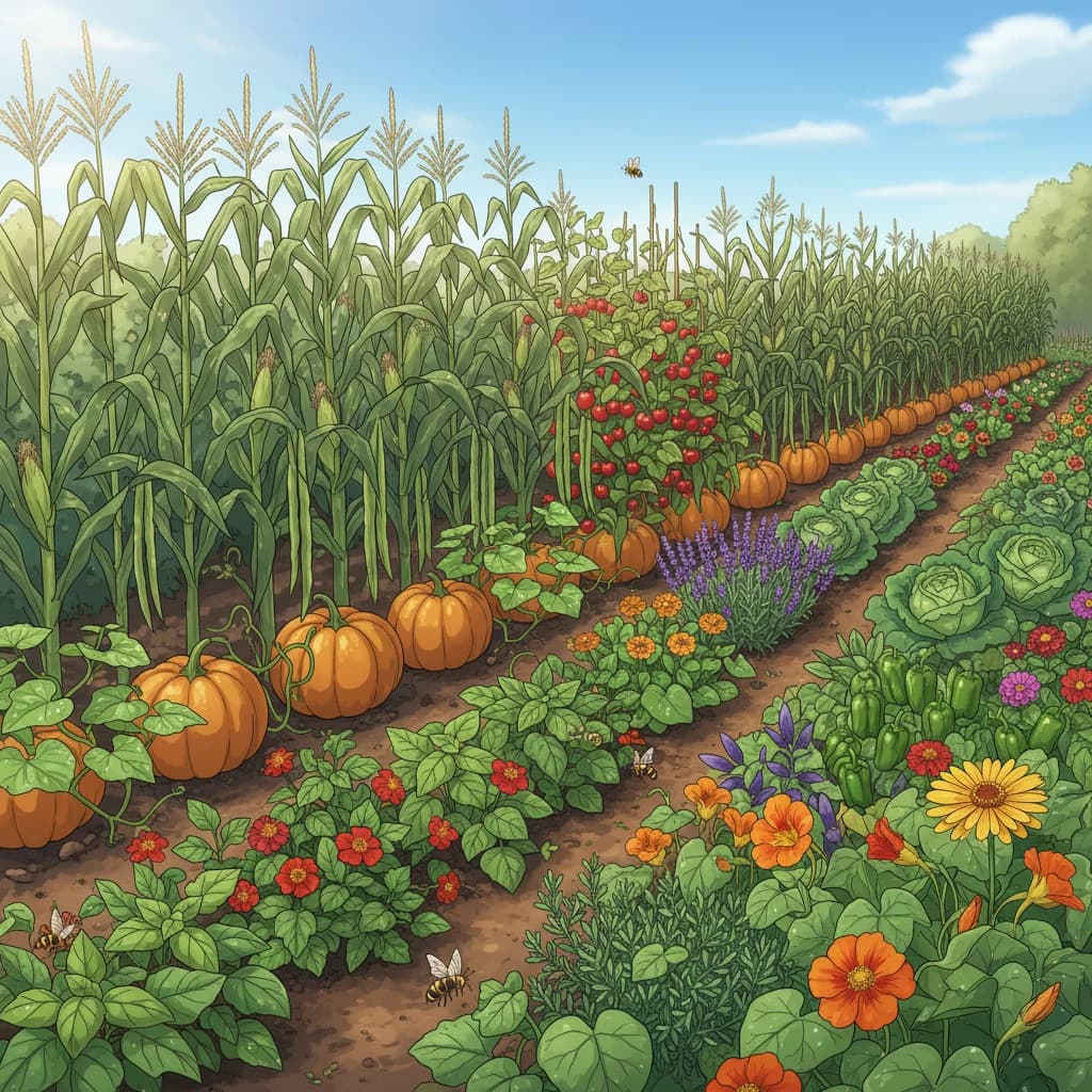 A thriving diverse garden showing successful companion planting in action