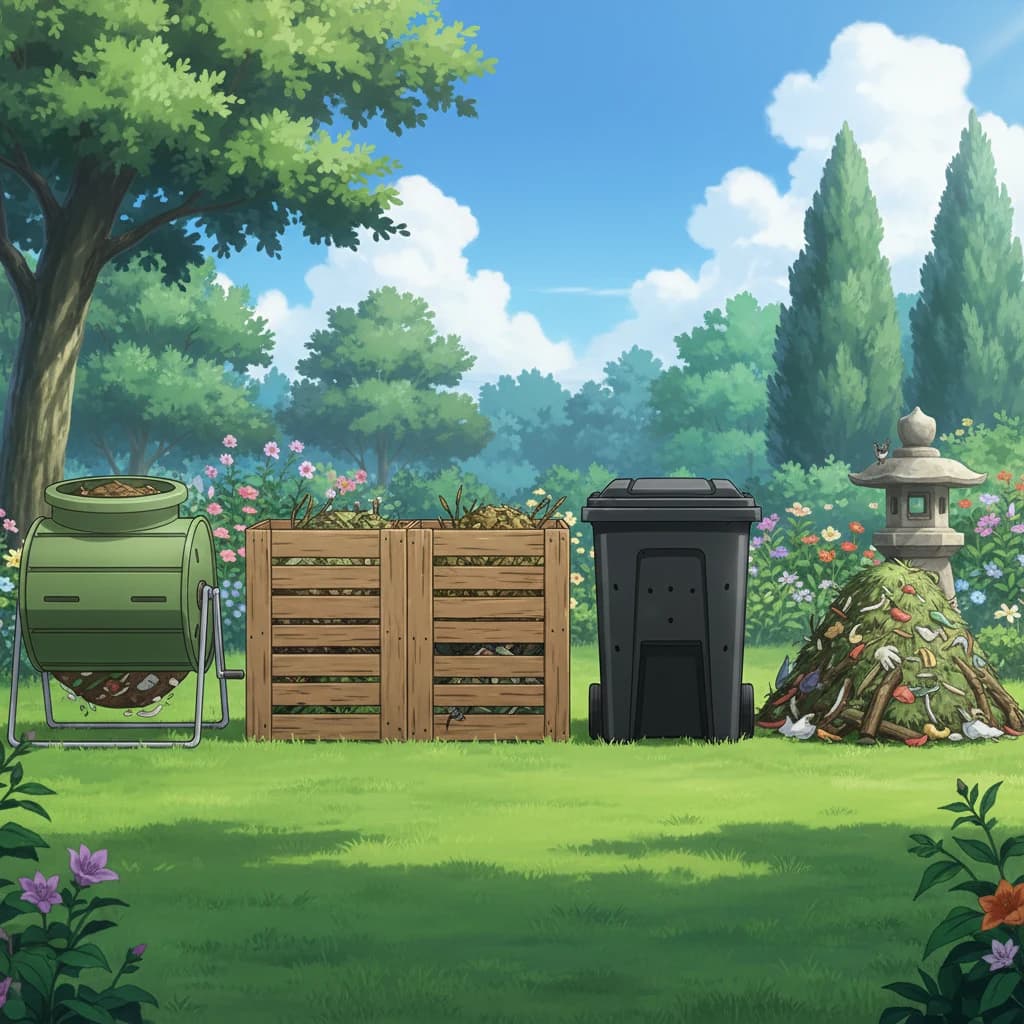 Different compost bin types — tumbler, pallet bin, plastic bin, and open pile in a garden