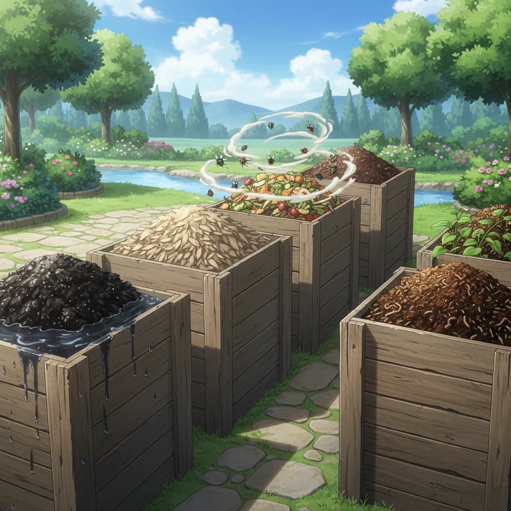 A visual troubleshooting guide for compost problems — too wet, too dry, smelly, and not decomposing