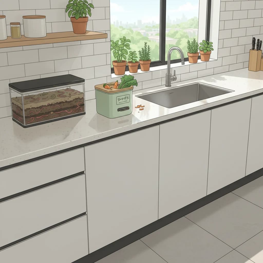 A compact worm bin and a countertop compost collection system in a kitchen