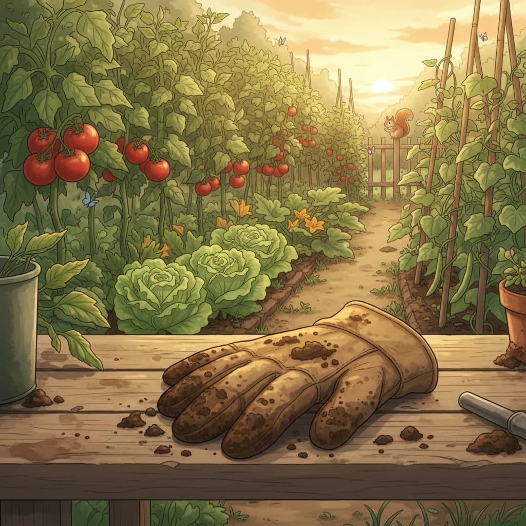A handful of dark rich finished compost on a garden glove — ready to feed the garden