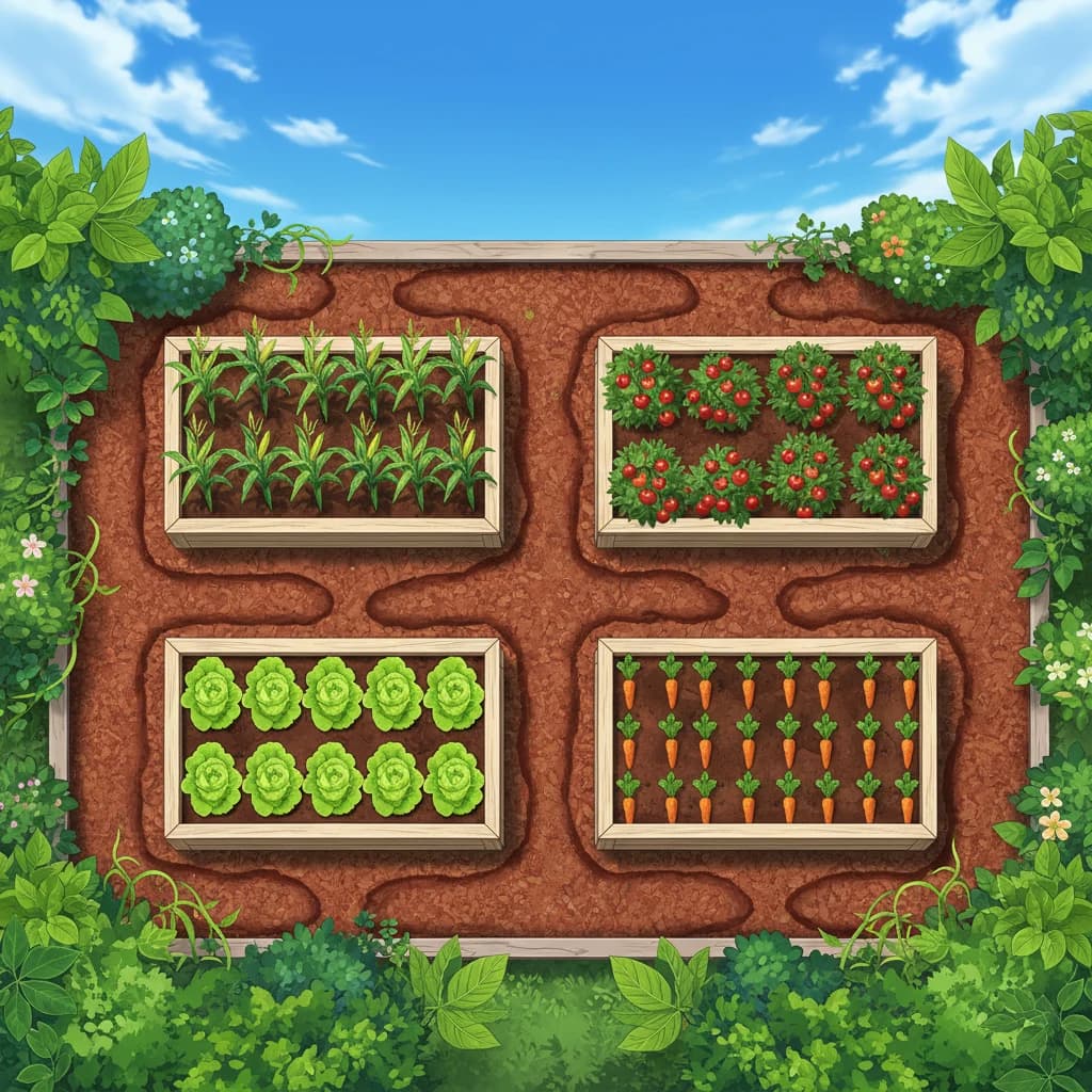 A garden diagram showing how crops move to different beds each season