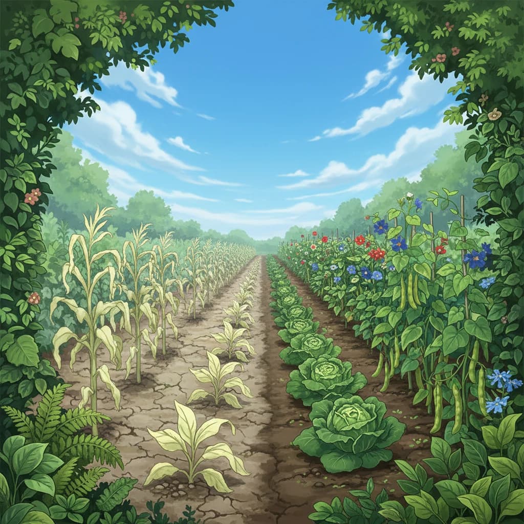 Split image showing a depleted garden vs a rotated healthy garden over multiple seasons