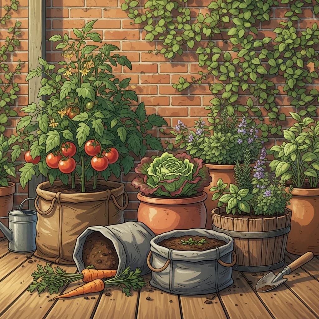 Container garden with labeled pots showing how to rotate crops even in small spaces