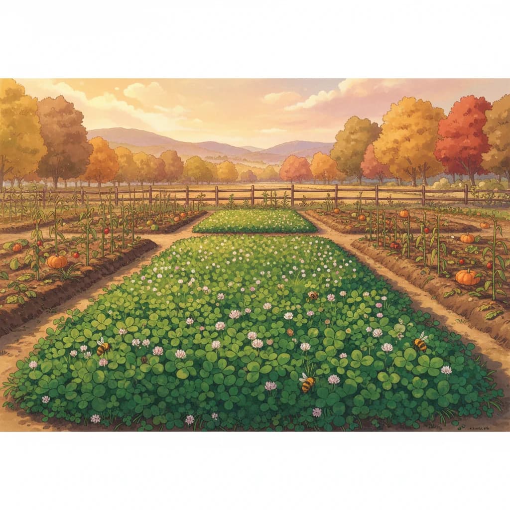 A garden bed filled with crimson clover as part of a rotation plan