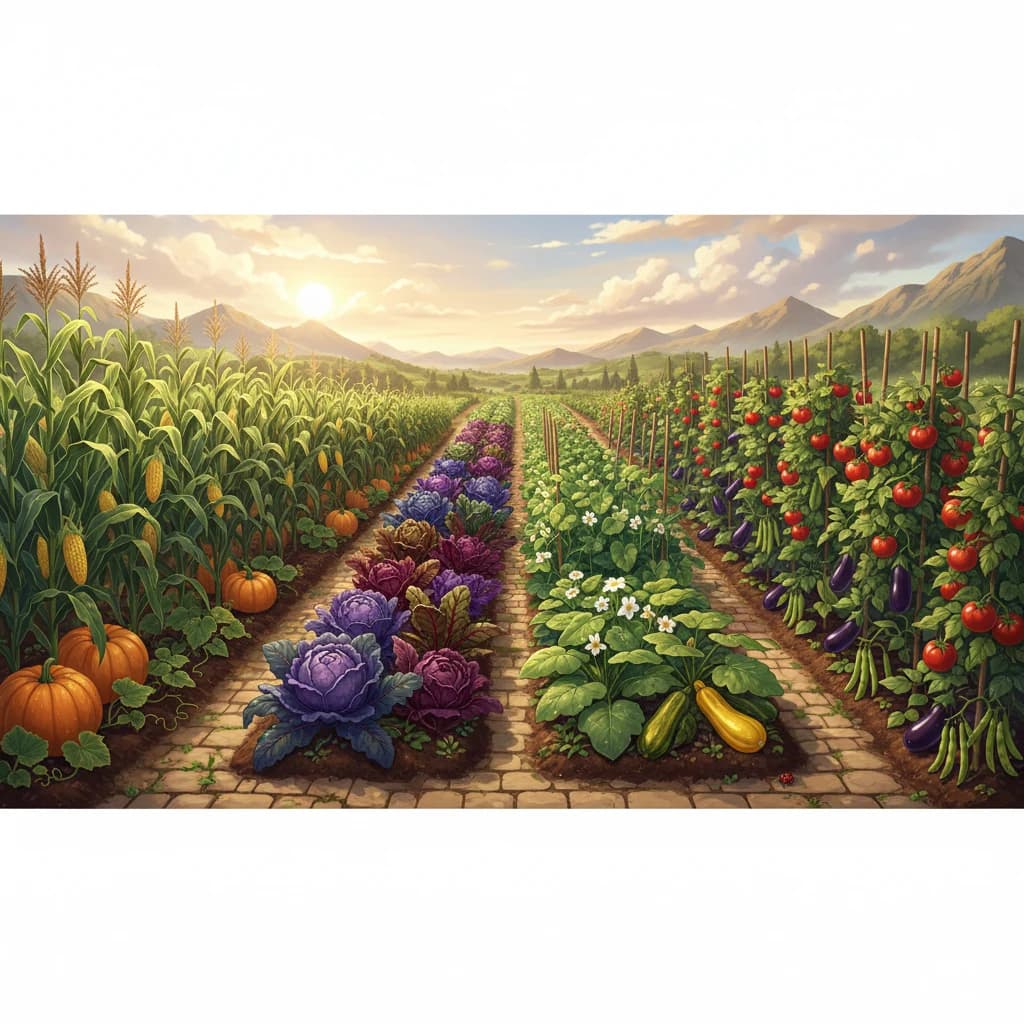 A well-rotated garden showing healthy diverse crops in different beds