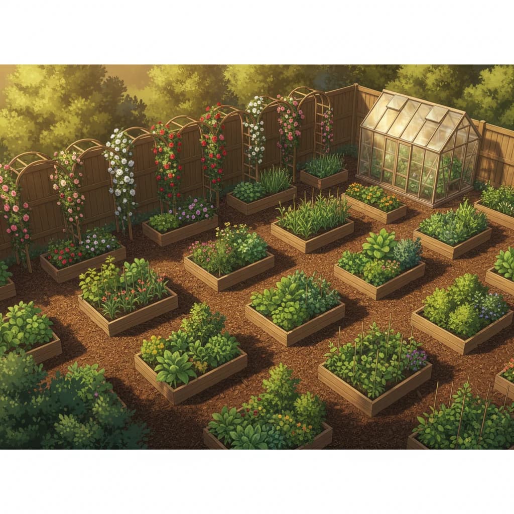 A beautiful, well-designed garden layout seen from above with beds, paths, and structures