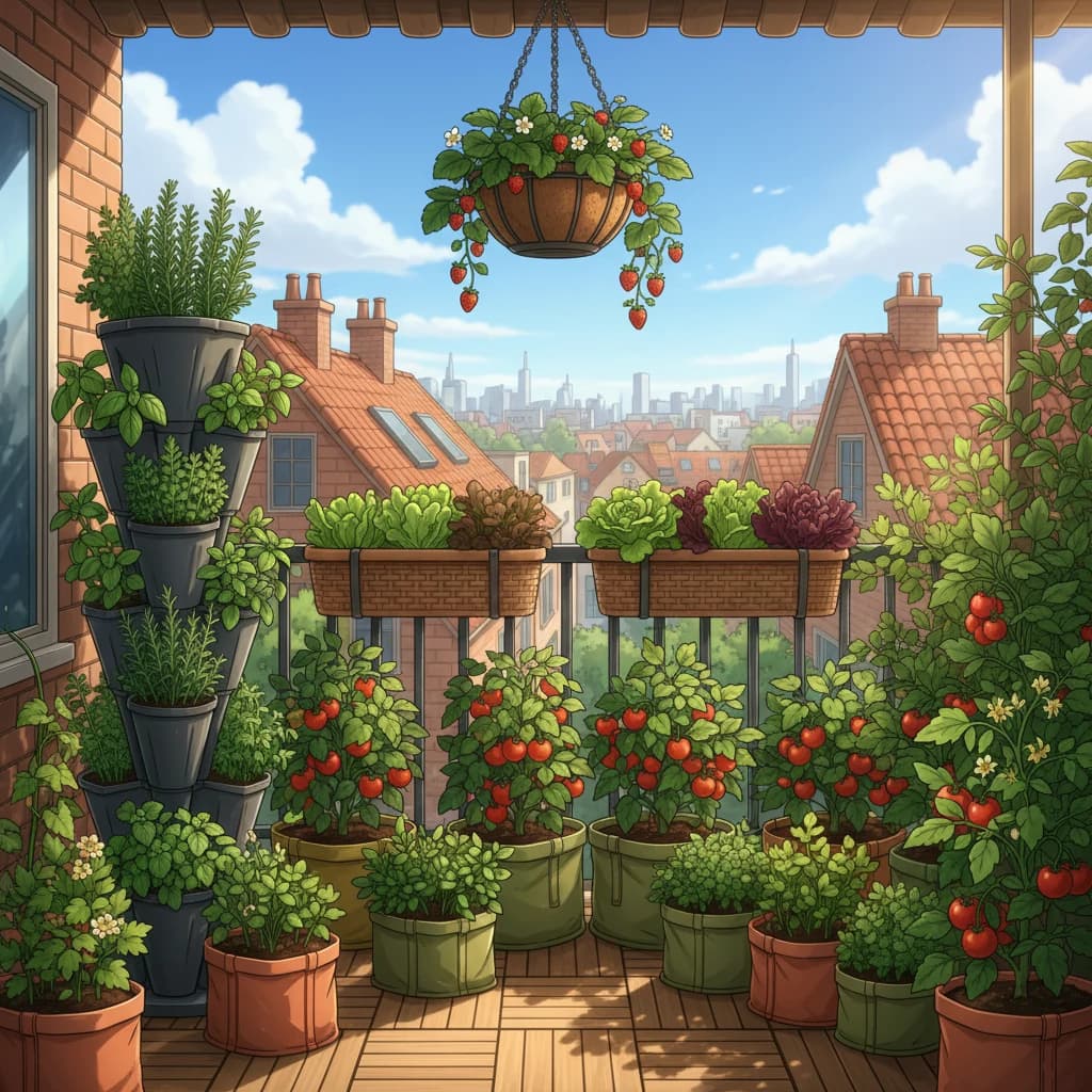 A productive balcony layout with containers, a vertical tower, and hanging baskets