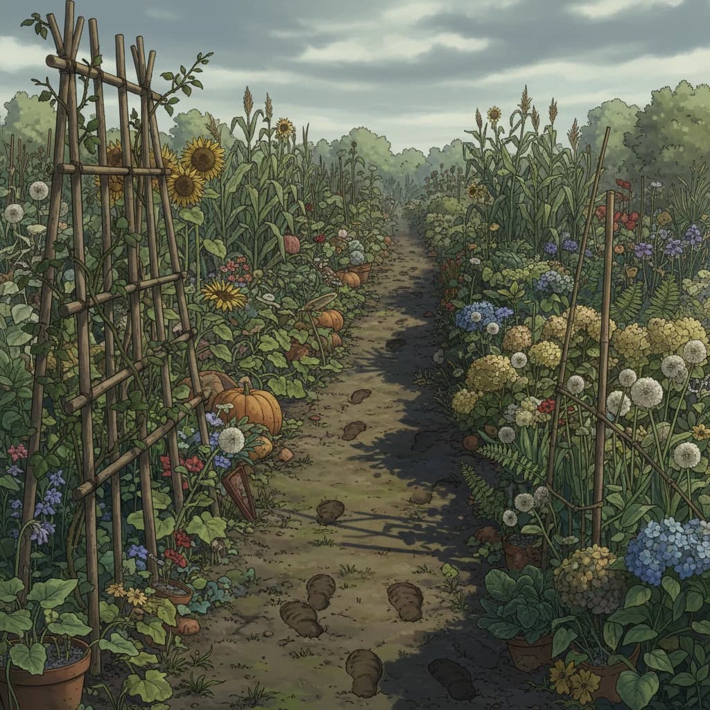 A visual of garden layout mistakes — overcrowding, poor path access, and shading issues