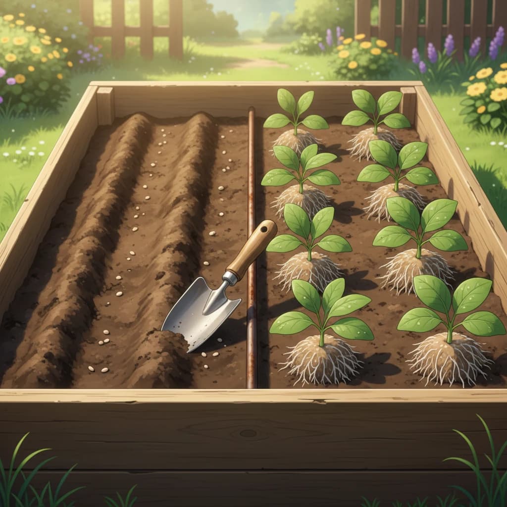 Seeds being planted directly into garden soil alongside seedling transplants