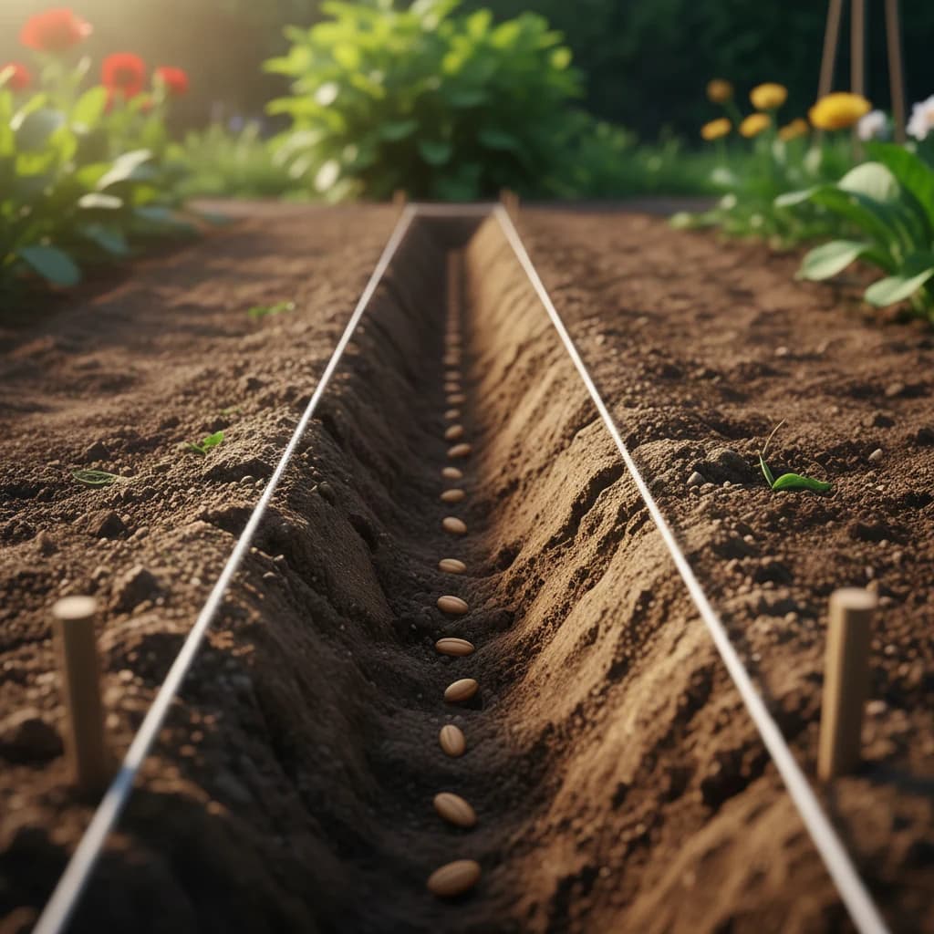 A hand-drawn furrow in garden soil with seeds being placed at proper spacing