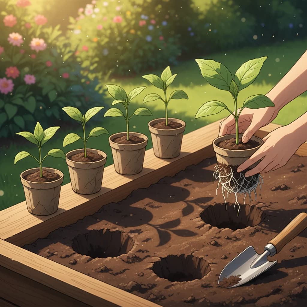 Healthy seedling transplants being placed into prepared garden beds