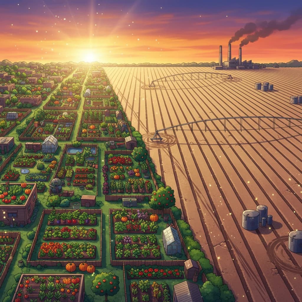 An aerial view of urban and suburban gardens contrasted with industrial farmland