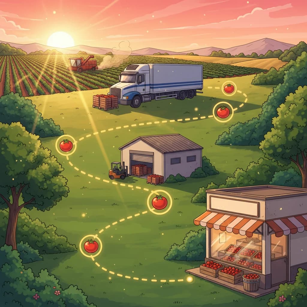 A visual journey of a tomato from farm to truck to warehouse to store: 3000+ km