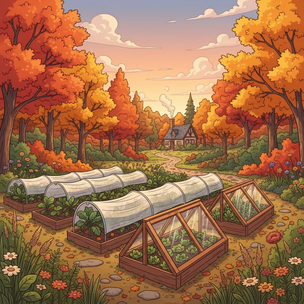 A garden with row covers and cold frames extending the growing season into fall