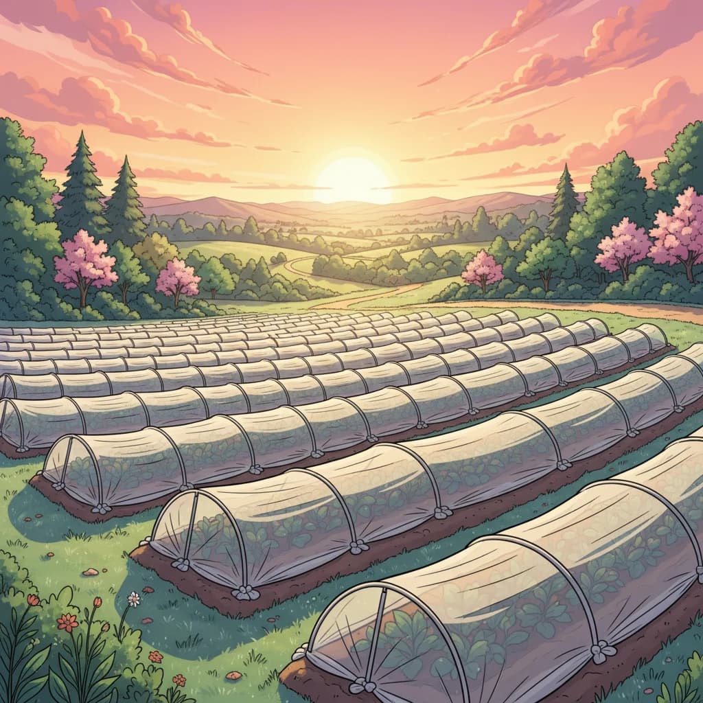Row covers draped over garden beds protecting crops from frost
