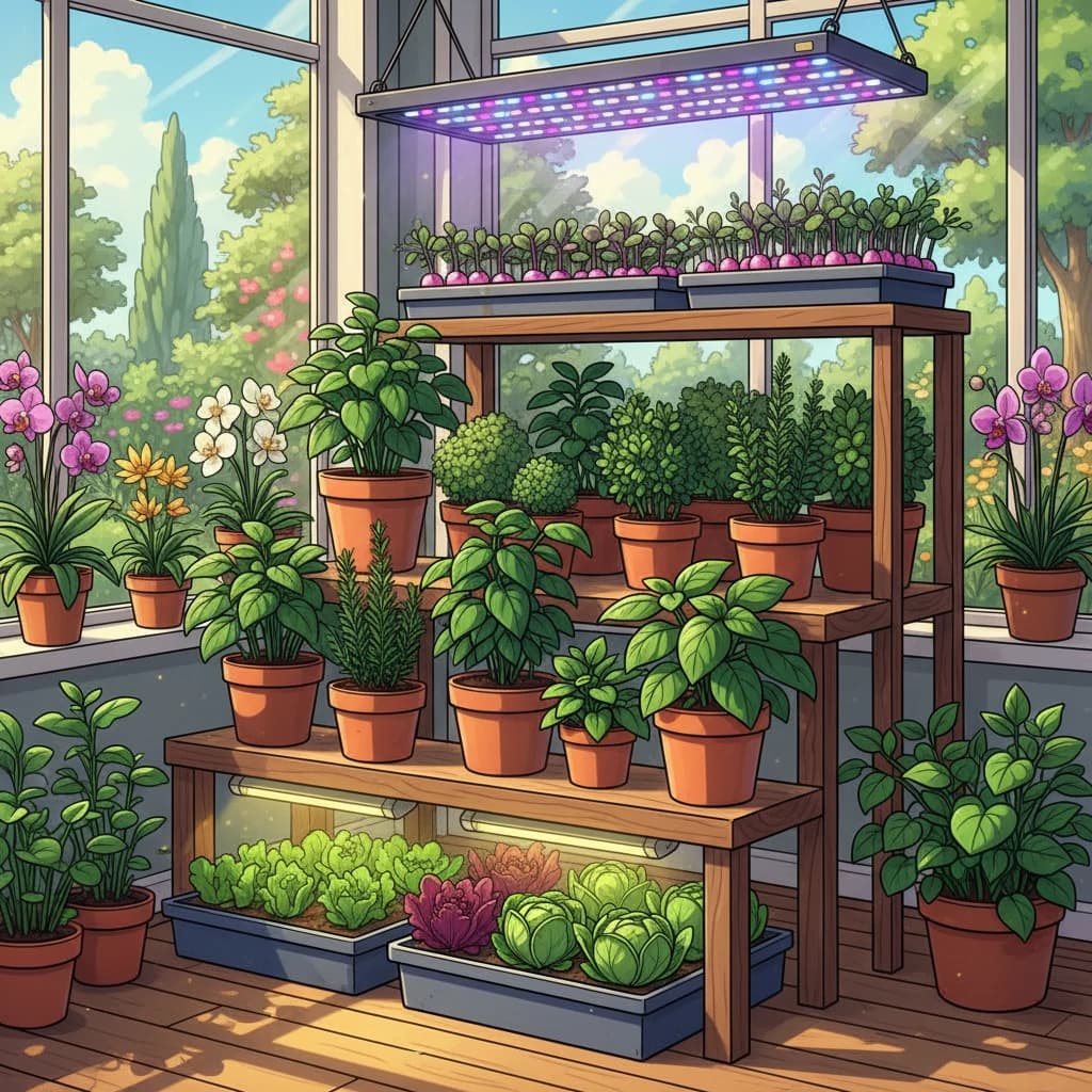 An indoor growing setup near a window with herbs, microgreens, and lettuce under lights