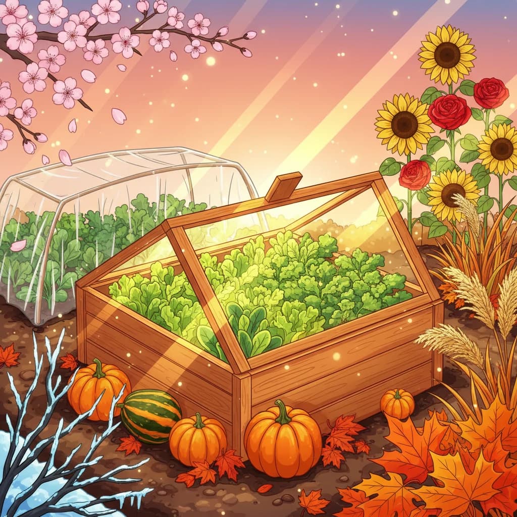 A thriving garden through all four seasons — spring, summer, fall, and winter growing