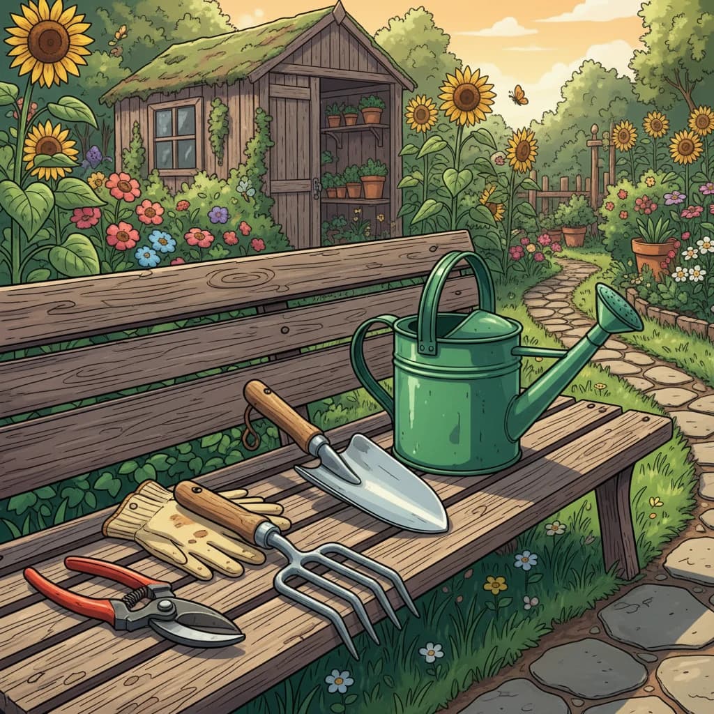 The five essential tools — trowel, watering can, pruners, gloves, fork