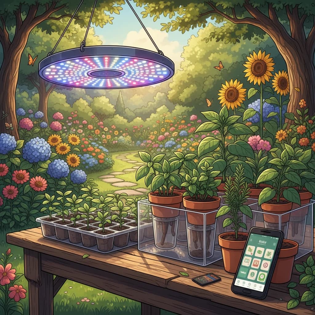 Modern growing tools — grow lights, self-watering system, app on phone