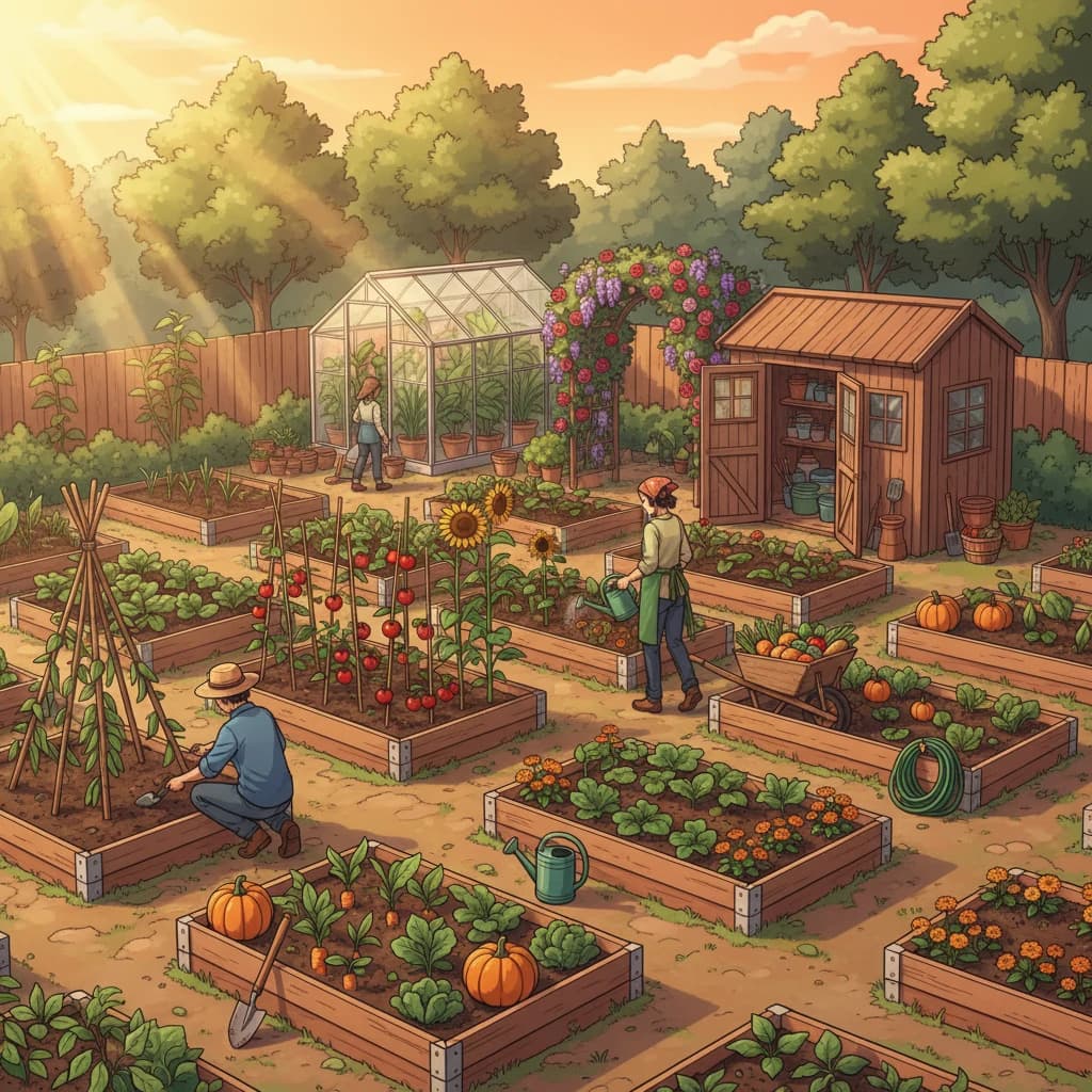 A vibrant community garden with growers tending plots together