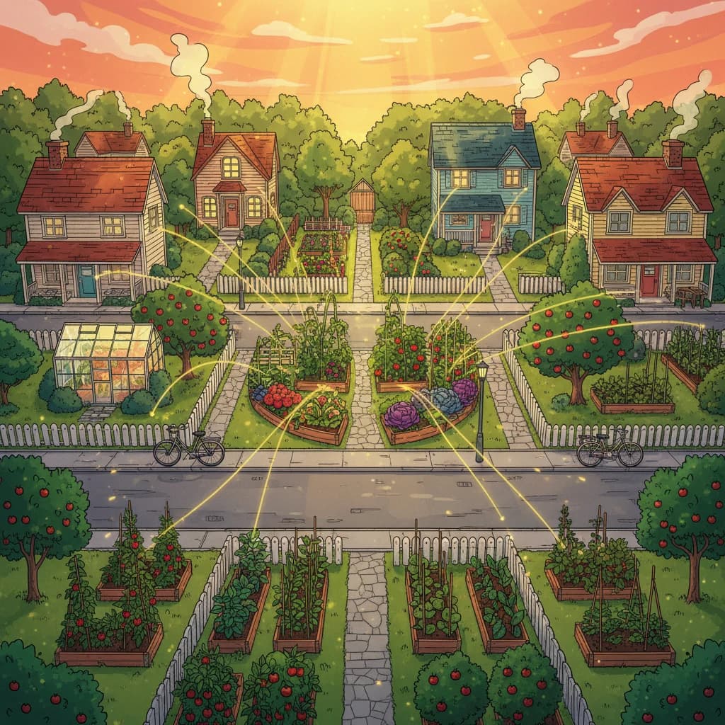A neighborhood where one garden has inspired others — multiple homes with visible gardens