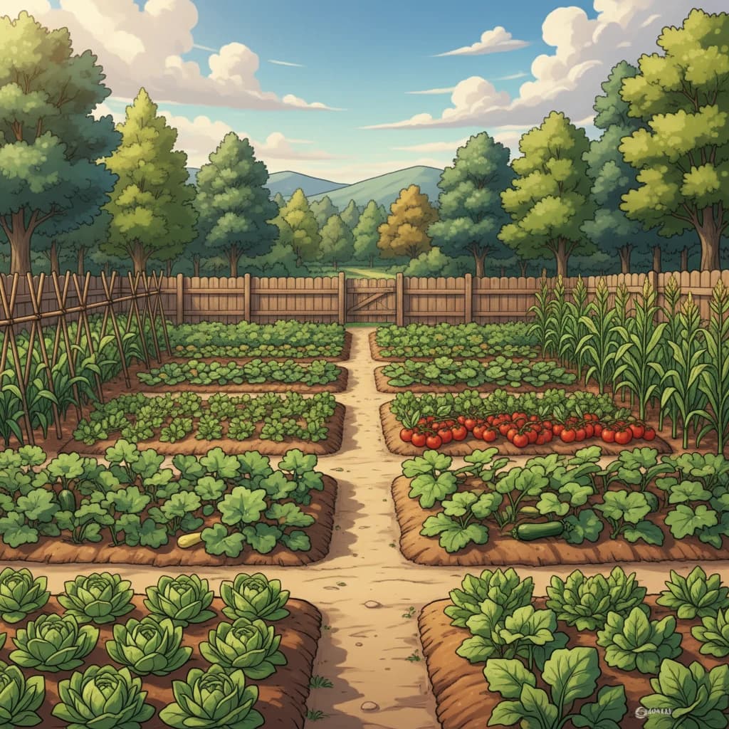 A traditional in-ground garden with rows of vegetables