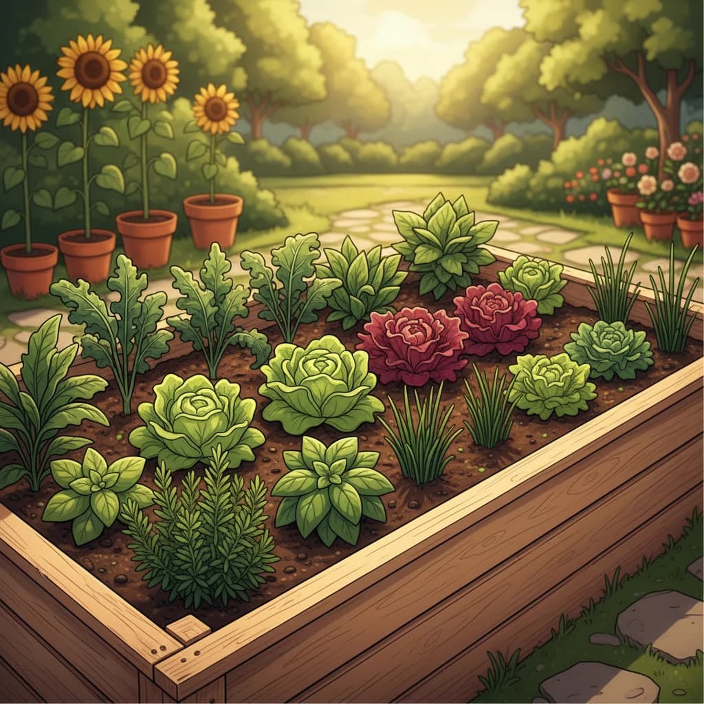 A wooden raised bed filled with rich soil and growing vegetables