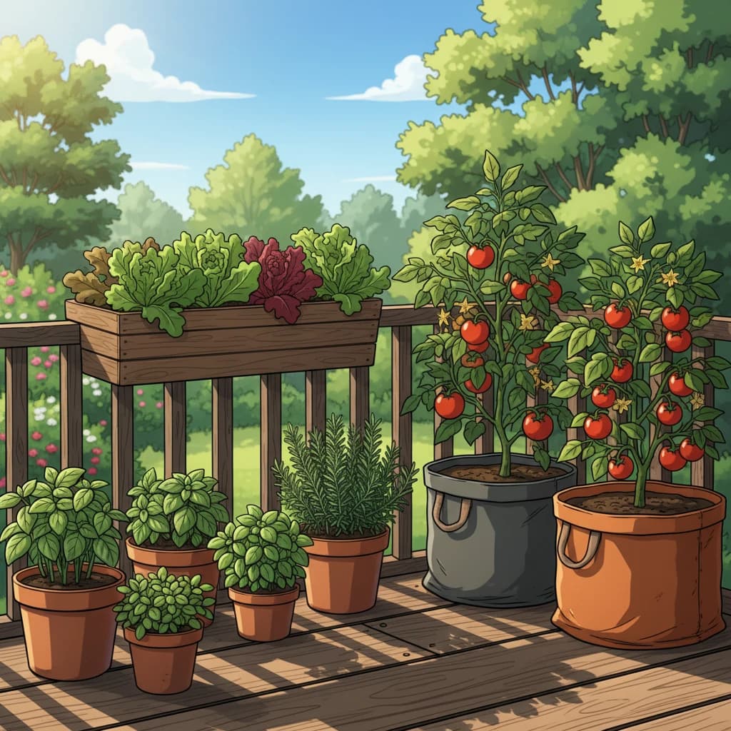 Containers of various sizes on a balcony with herbs and tomatoes