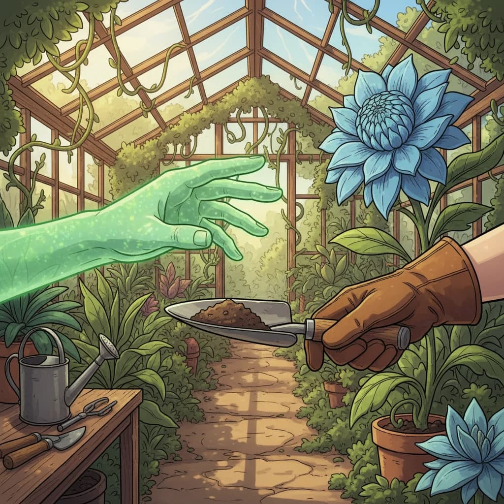 A mystical glowing hand touching a plant: the mythical green thumb concept
