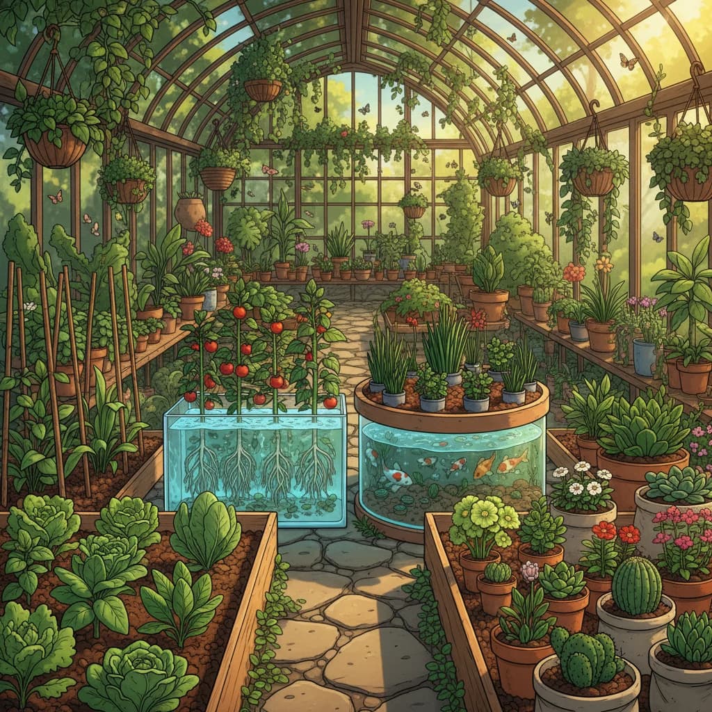 Different growing mediums side by side — soil, hydroponics, aquaponics, containers with various substrates